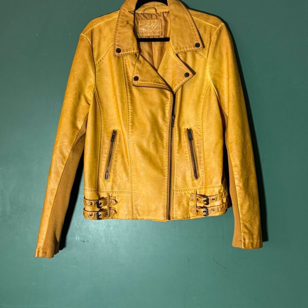 Sebby Collection Mustard Yellow Distressed Pleather Moto Jacket XL SL9812